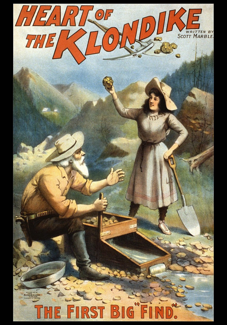 Illustration, der viser en guldsøger i Klondike. Klondikes hjerte af S. Marble. Plakat fra slutningen af 1800-tallet. af Unknown artist