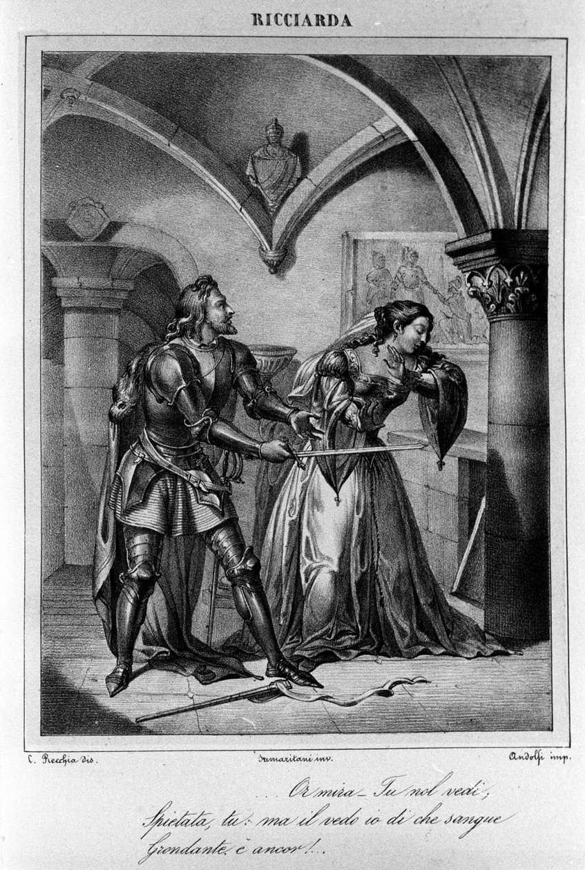 Illustration til akt IV af "Ricciarda" af den italienske digter og dramatiker Ugo Foscolo (1778-1827) 19. århundrede af Unknown artist