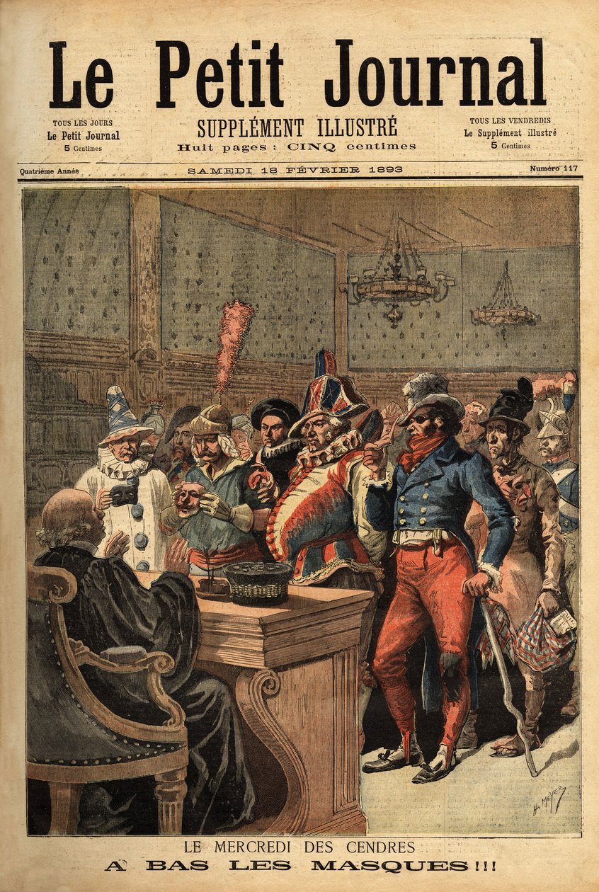 Illustration til askeonsdag, efter karnevalet i fastelavn, passerer festkostumerne foran dommeren for at afsløre sig selv. Indgravering i "" Le petit journal"" 18/02/1893. Selvas samling. af Unknown artist
