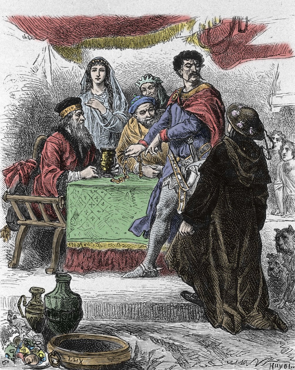 Illustration til "Ivanhoe" af Walter Scott (1771-1832), skotsk forfatter: Ivanhoe udfordres af den saksiske ridder Brian de Bois Guilbert. af Unknown artist