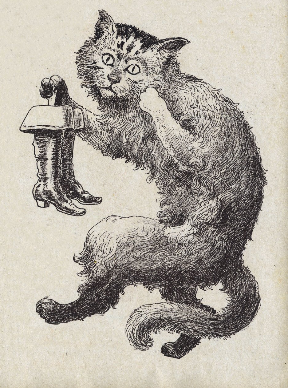 Illustration til "" Le chat Botte"", fortælling af Charles Perrault (1628-1703), fransk forfatter. Anonym illustration. Billedmateriale Marcel Vagne, Jarville Nancy, udateret (slutningen af det 19. århundrede). af Unknown artist