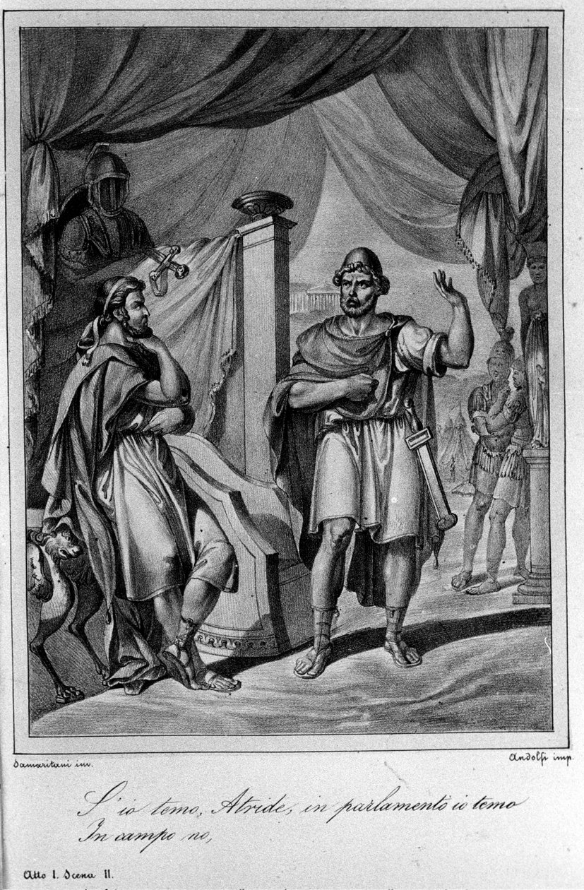 Illustration til scene 2 i 1. akt af "Ajax"" (Aiace) af den italienske digter og dramatiker Ugo Foscolo (1778-1827) 19. århundrede af Unknown artist
