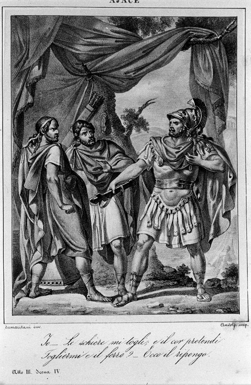 Illustration til scene 3 i akt IV af "" Ajax"" (Aiace) af den italienske digter og dramatiker Ugo Foscolo (1778-1827) 19. århundrede af Unknown artist