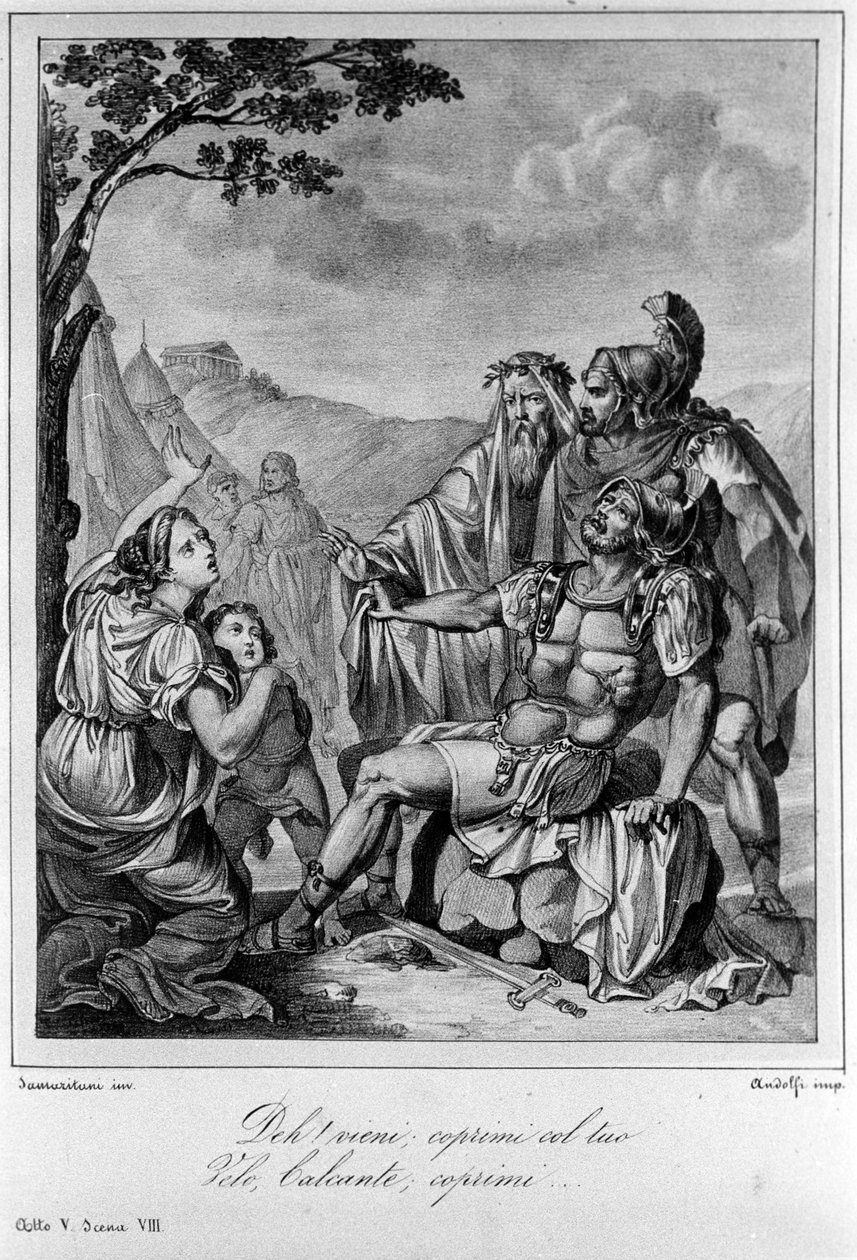 Illustration til scene 8 i akt V af "" Ajax"" (Aiace) af den italienske digter og dramatiker Ugo Foscolo (1778-1827) 19. århundrede af Unknown artist