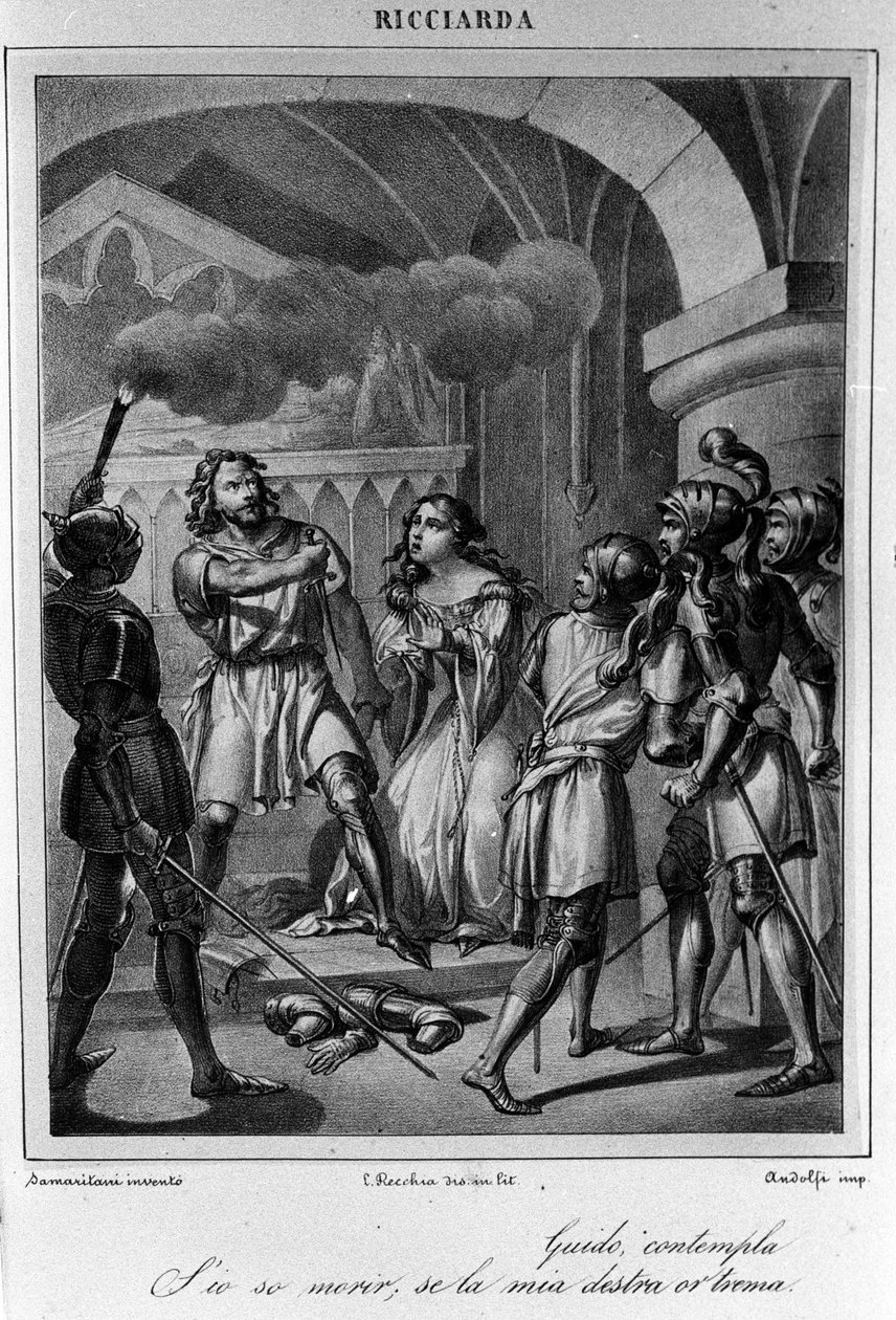 Illustration til sidste scene i akt V af "Ricciarda" af den italienske digter og dramatiker Ugo Foscolo (1778-1827) 1800-tallet af Unknown artist