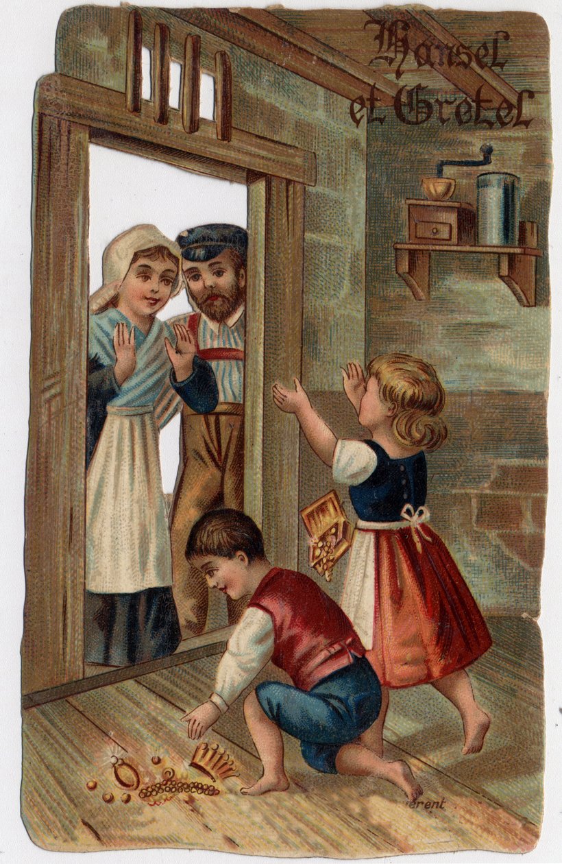 Illustration til fortællingen om brødrene Grimm "Hansel og Grete"": Hans og Grete vendte tilbage til deres hjem og gav deres forældre de juveler, de havde haft. Kromolitografi i slutningen af det 19. århundrede. af Unknown artist