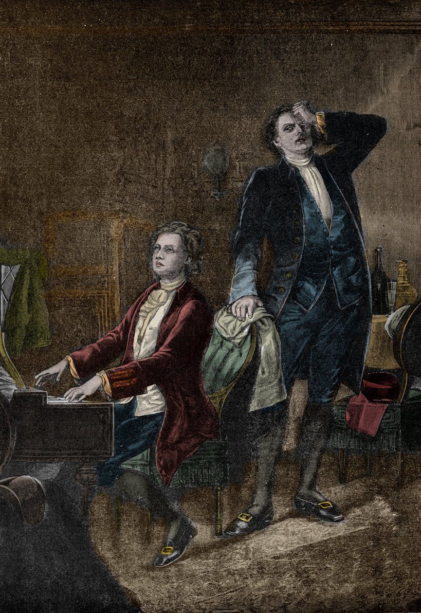 Illustration fra dramaet "" Mozart og Salieri""", af Alexander Pushkin, skrevet i 1830 - Antonio Salieri jaloux af Wolfgang Amadeus Mozart af Unknown artist