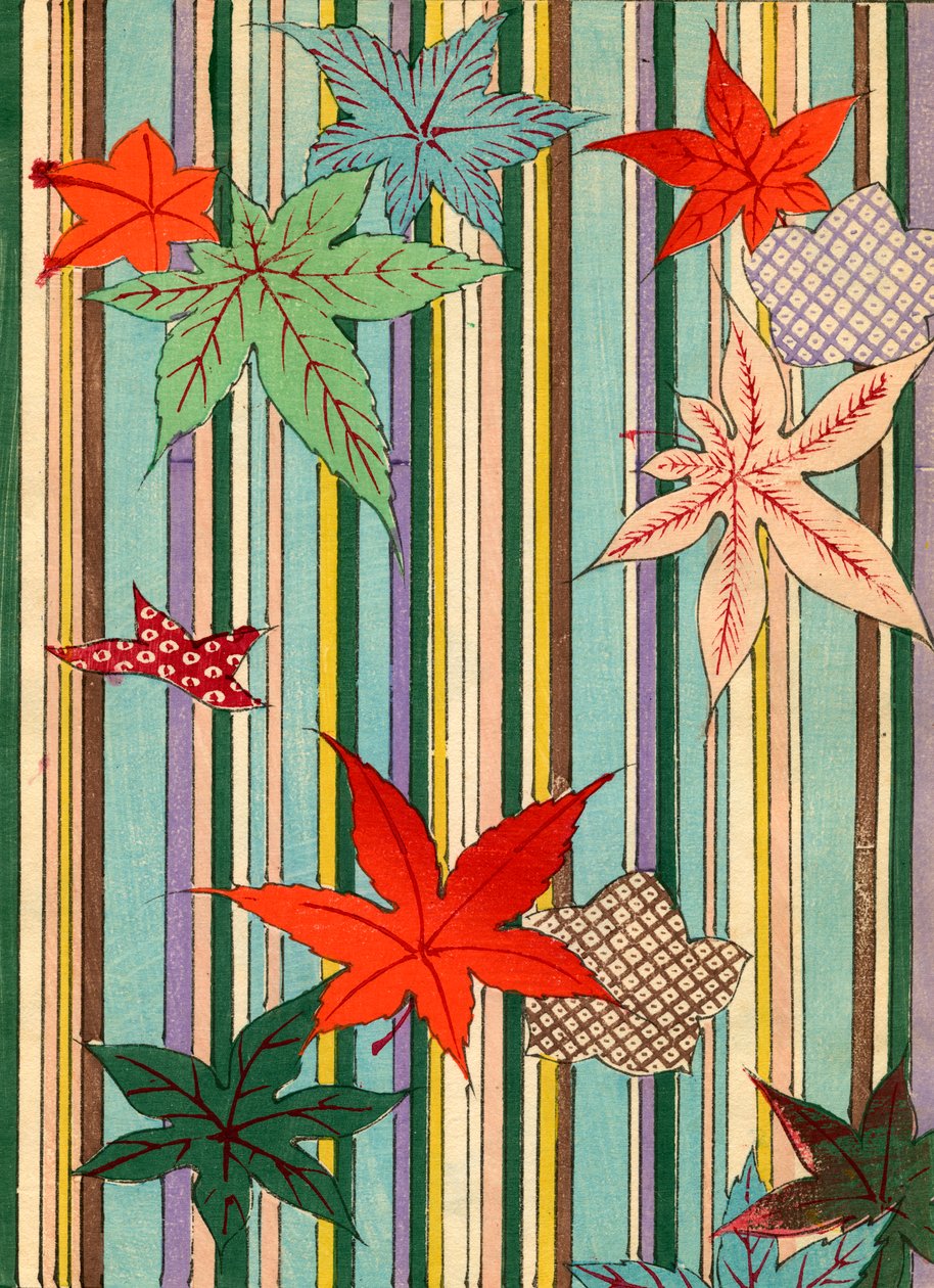 Illustration af efterårsblade på en stribet baggrund af Unknown artist