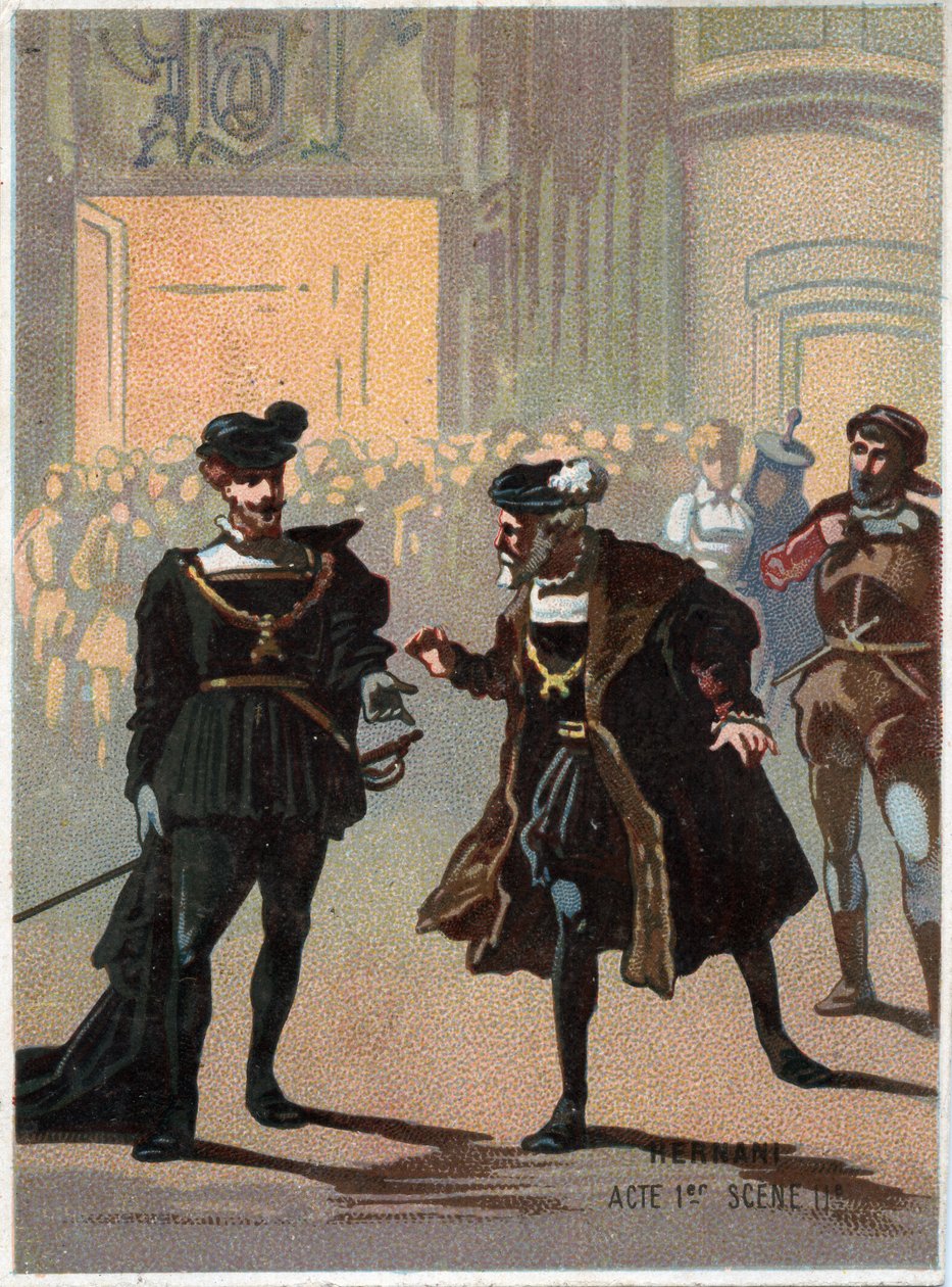 Illustration af "" Ernani" af den italienske komponist Giuseppe Verdi (1813 - 1901), akt 1, scene II opera skabt i 1844 efter tragedien "" Hernani"" af Victor Hugo. Kromolitografi i slutningen af det 19. århundrede. af Unknown artist