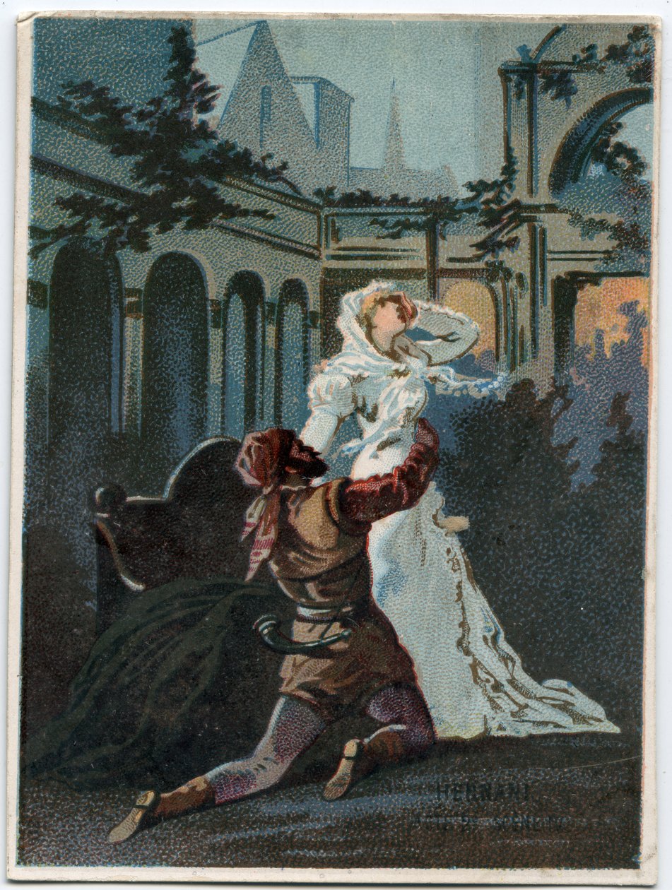 Illustration af "" Ernani" af den italienske komponist Giuseppe Verdi (1813 - 1901), akt 2, scene IV opera skabt i 1844 efter tragedien "" Hernani"" af Victor Hugo. Kromolitografi i slutningen af det 19. århundrede. af Unknown artist
