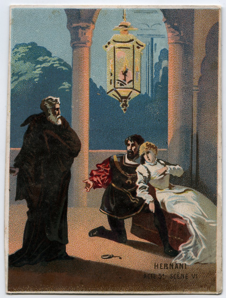 Illustration af "" Ernani" af den italienske komponist Giuseppe Verdi (1813 - 1901), akt 5, scene VI opera skabt i 1844 efter tragedien "" Hernani"" af Victor Hugo. Kromolitografi i slutningen af det 19. århundrede. af Unknown artist