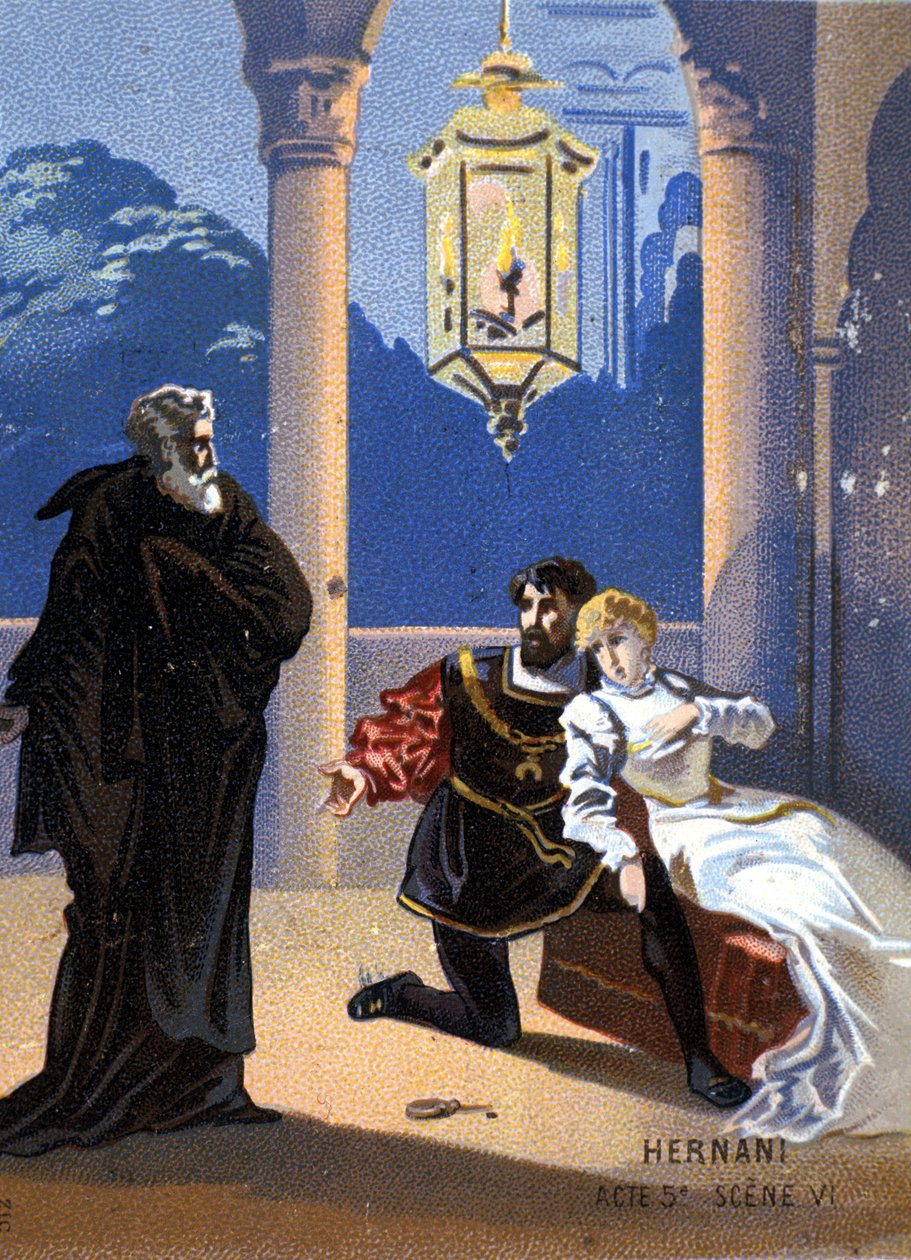 Illustration af "Ernani" af den italienske komponist Giuseppe Verdi (1813 - 1901), akt V, scene 6, opera skabt i 1844 efter Victor Hugos tragedie "Hernani". kromolitografi fra slutningen af det 19. århundrede.. af Unknown artist
