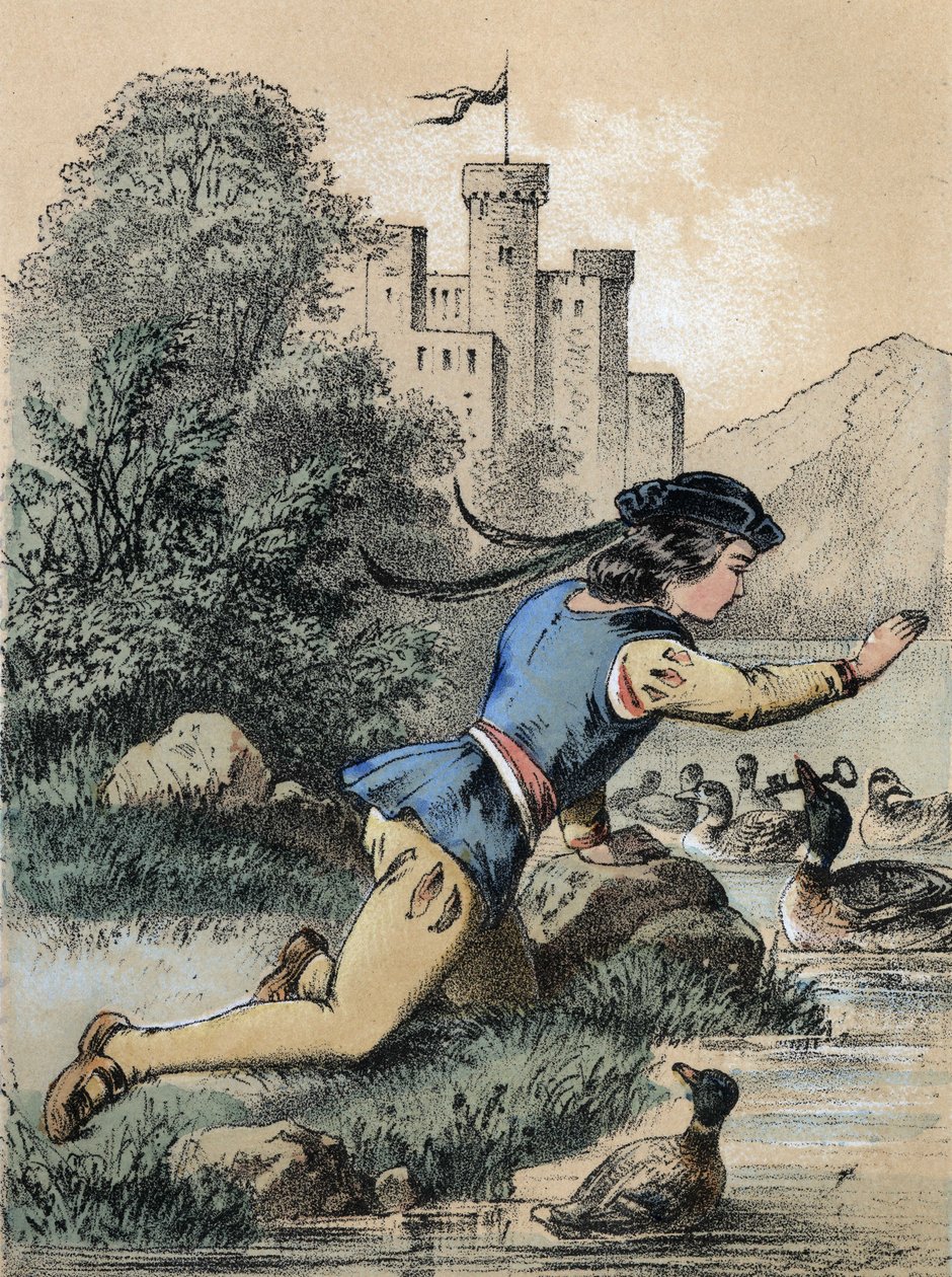 Illustration af Franz Hoffmanns fortællinger "" Tales et Fables - Les 3 princes"": En prins, der modtager en nøgle fra en and. Kromolitografi af det 19. århundrede. af Unknown artist