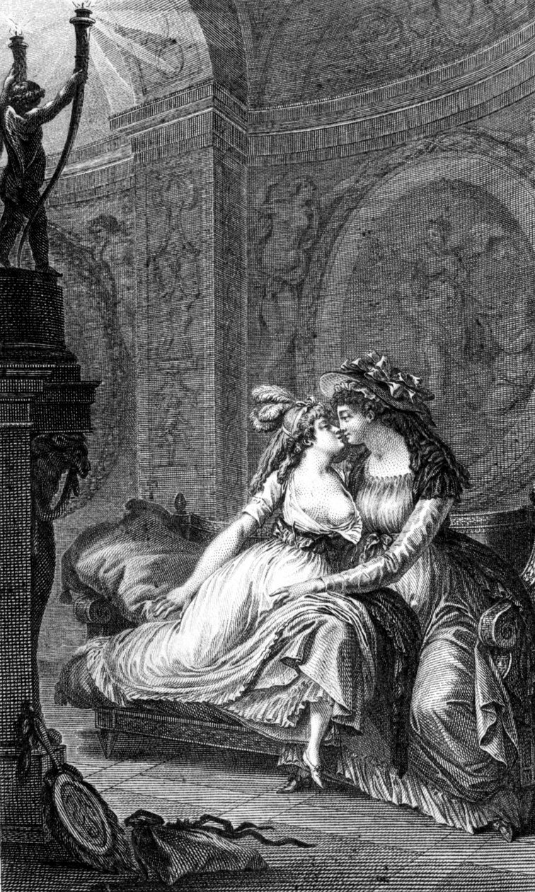 Illustration af "De farlige forbindelser" af Choderlos de Laclos (1741 - 1803): scene for frigørelse mellem to kvinder. af Unknown artist