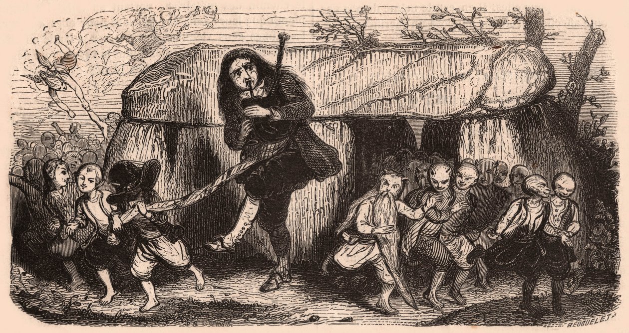 Illustration af en legende efter bretonske traditioner: den laotiske sækkepibespiller og nisser danser foran en dysse af Unknown