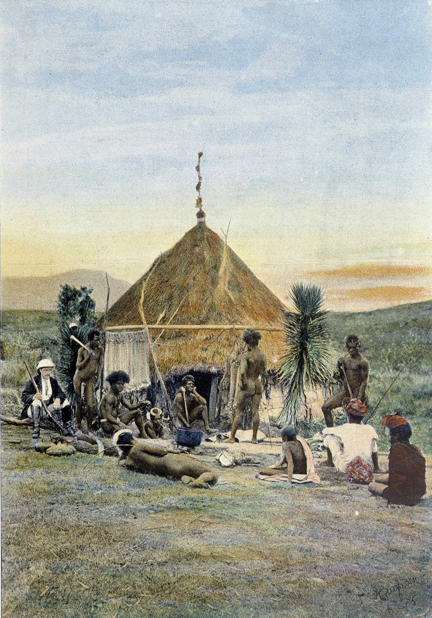 Illustration af en telegrafisk lejr nær Uarai i Ny Kaledonien. af Unknown artist
