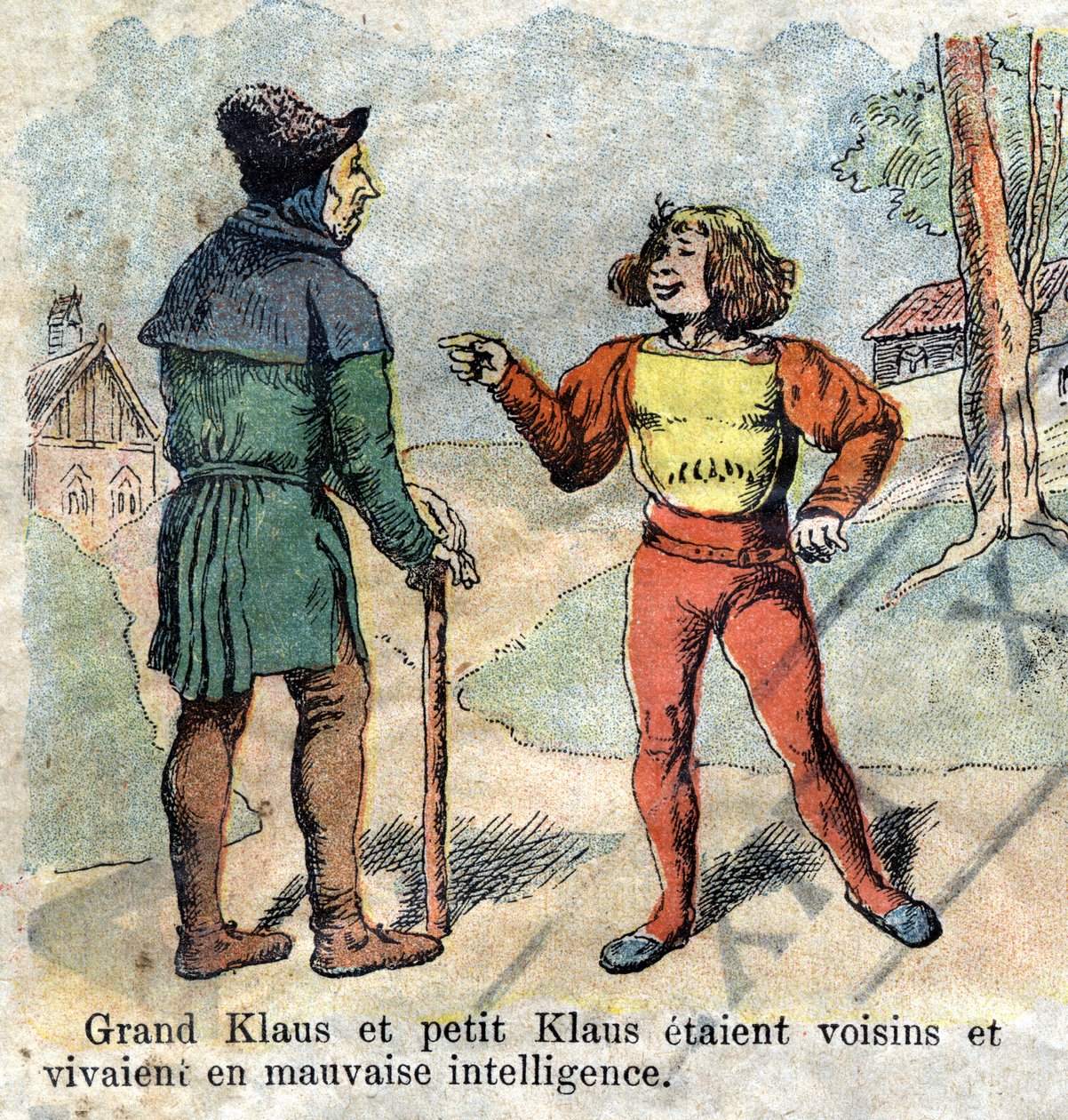 Illustration af slutningen af 1800-tallet til fortællingen af HC Andersen (1805-1875) "Store Claus og Lille Claus" (Klaus). Privat samling. af Unknown artist