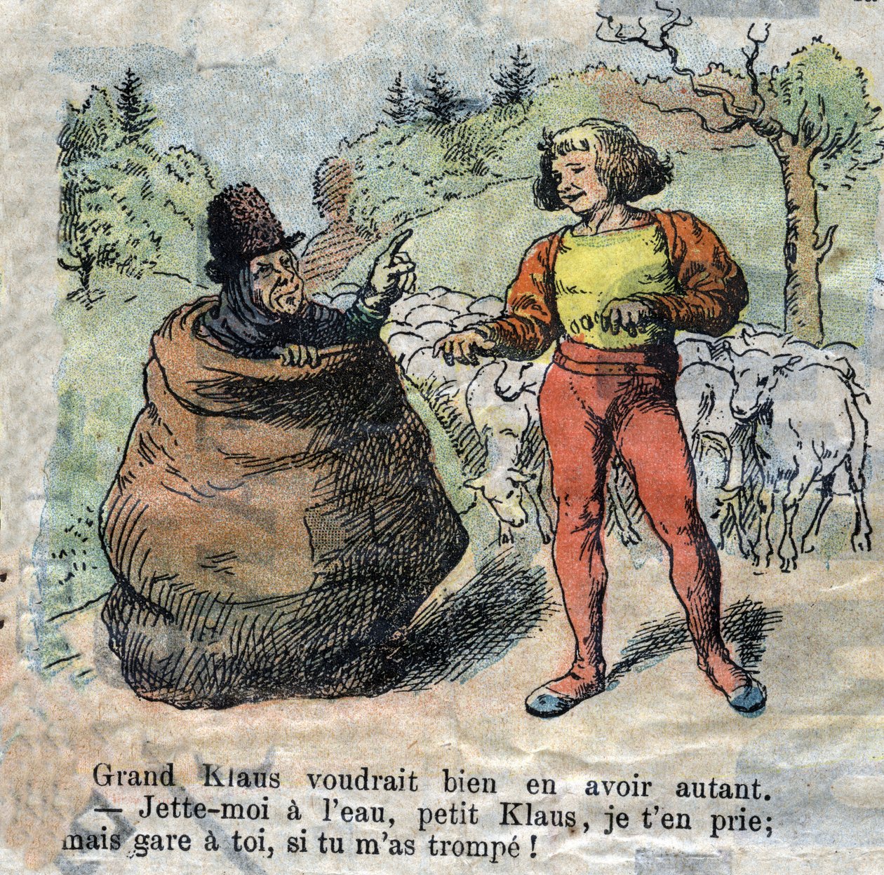 Illustration af slutningen af 1800-tallet til fortællingen af HC Andersen (1805-1875) "Store Claus og Lille Claus" (Klaus). Privat samling. af Unknown artist