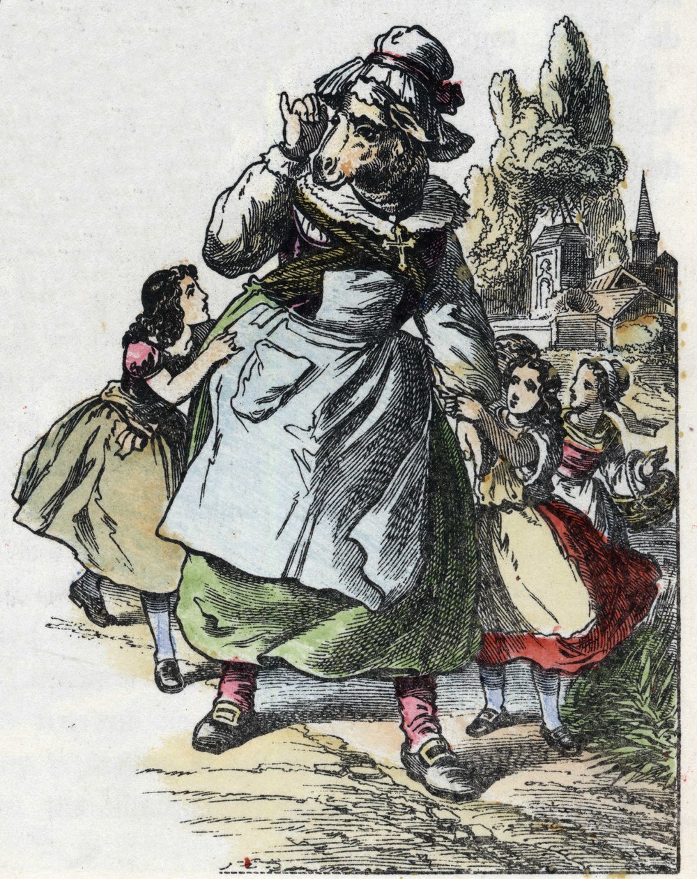 Illustration af fortællingen "Gode mor får"". I “”Fortællinger fra hjemmet for de mindste””. Anonym gravering af det 19. århundrede. af Unknown artist