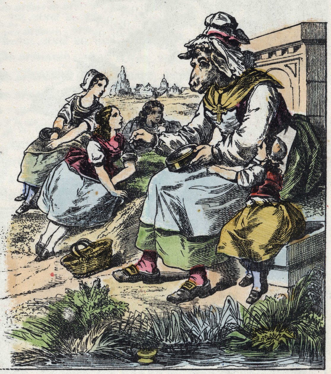 Illustration af fortællingen "Gode mor får"". I “”Fortællinger fra hjemmet for de mindste””. Anonym gravering af det 19. århundrede. af Unknown artist