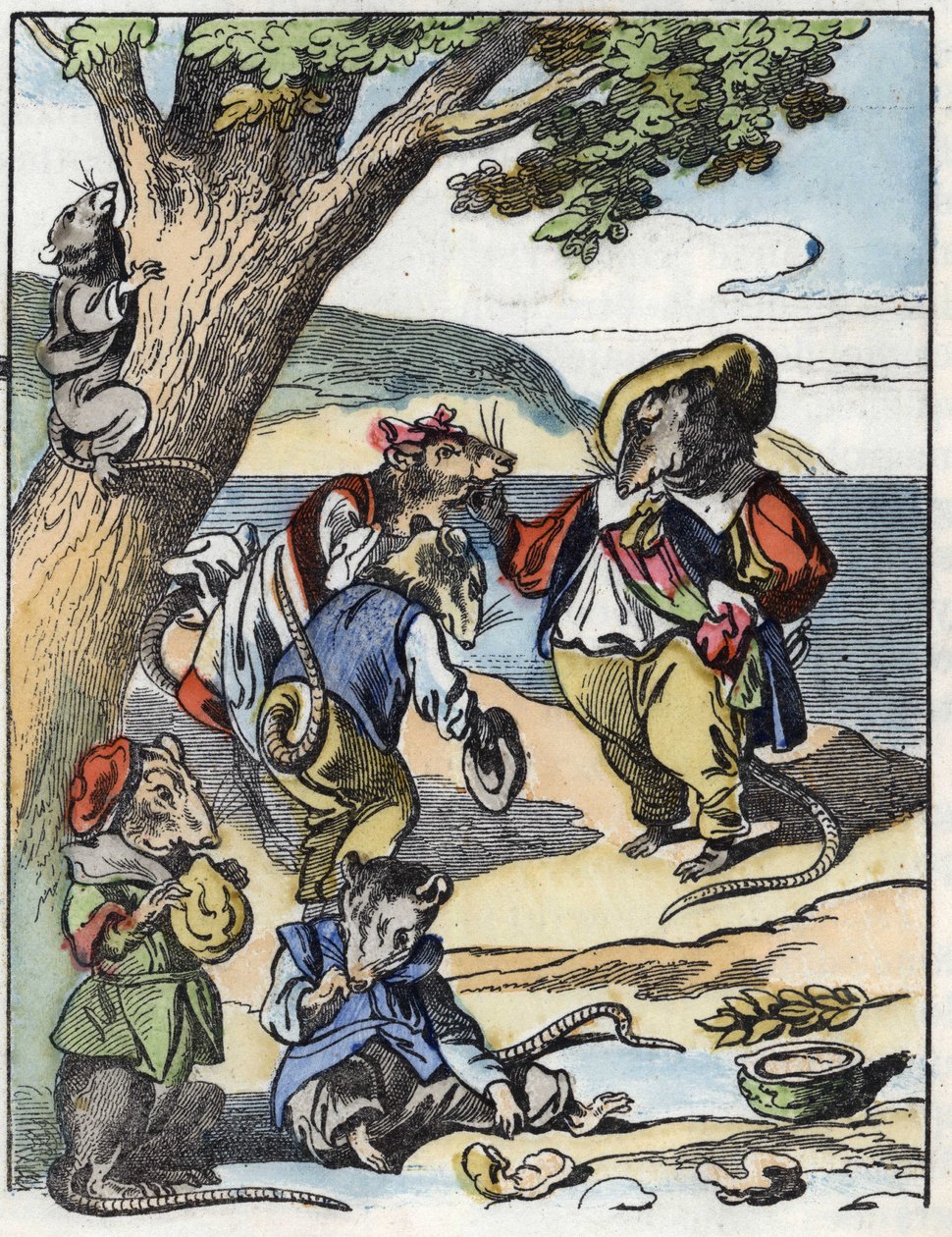 Illustration af fortællingen "Den frygtelige Raminagrobis og musene""" tegner fabler af Jean de la Fontaine. I “”Fortællinger fra hjemmet for de mindste””. Anonym gravering af det 19. århundrede. af Unknown artist