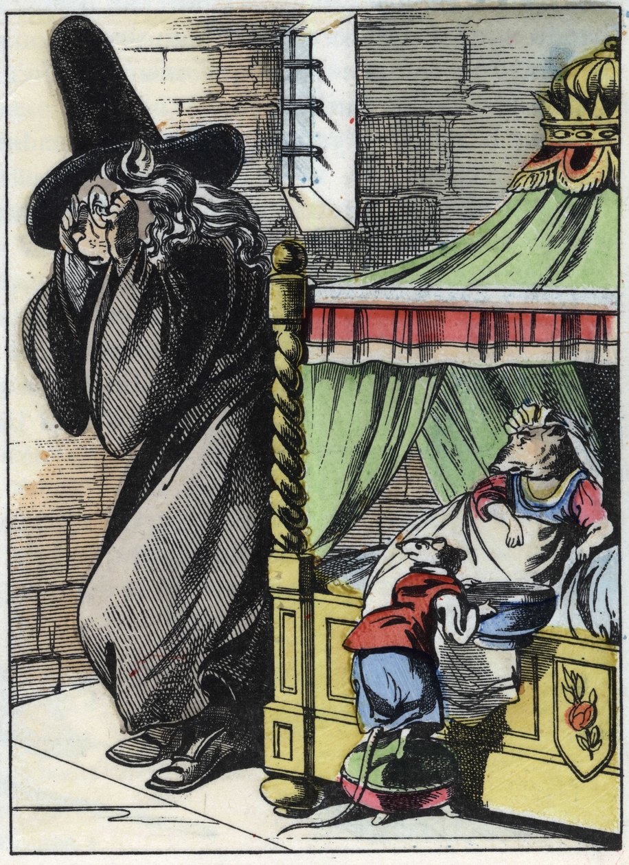Illustration af fortællingen "Den frygtelige Raminagrobis og musene""" tegner fabler af Jean de la Fontaine. I “”Fortællinger fra hjemmet for de mindste””. Anonym gravering af det 19. århundrede. af Unknown artist