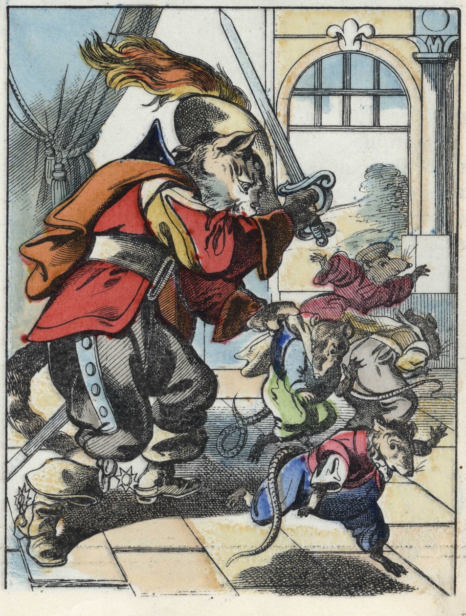 Illustration af fortællingen "Den frygtelige Raminagrobis og musene""" tegner fabler af Jean de la Fontaine. I “”Fortællinger fra hjemmet for de mindste””. Anonym gravering af det 19. århundrede. af Unknown artist