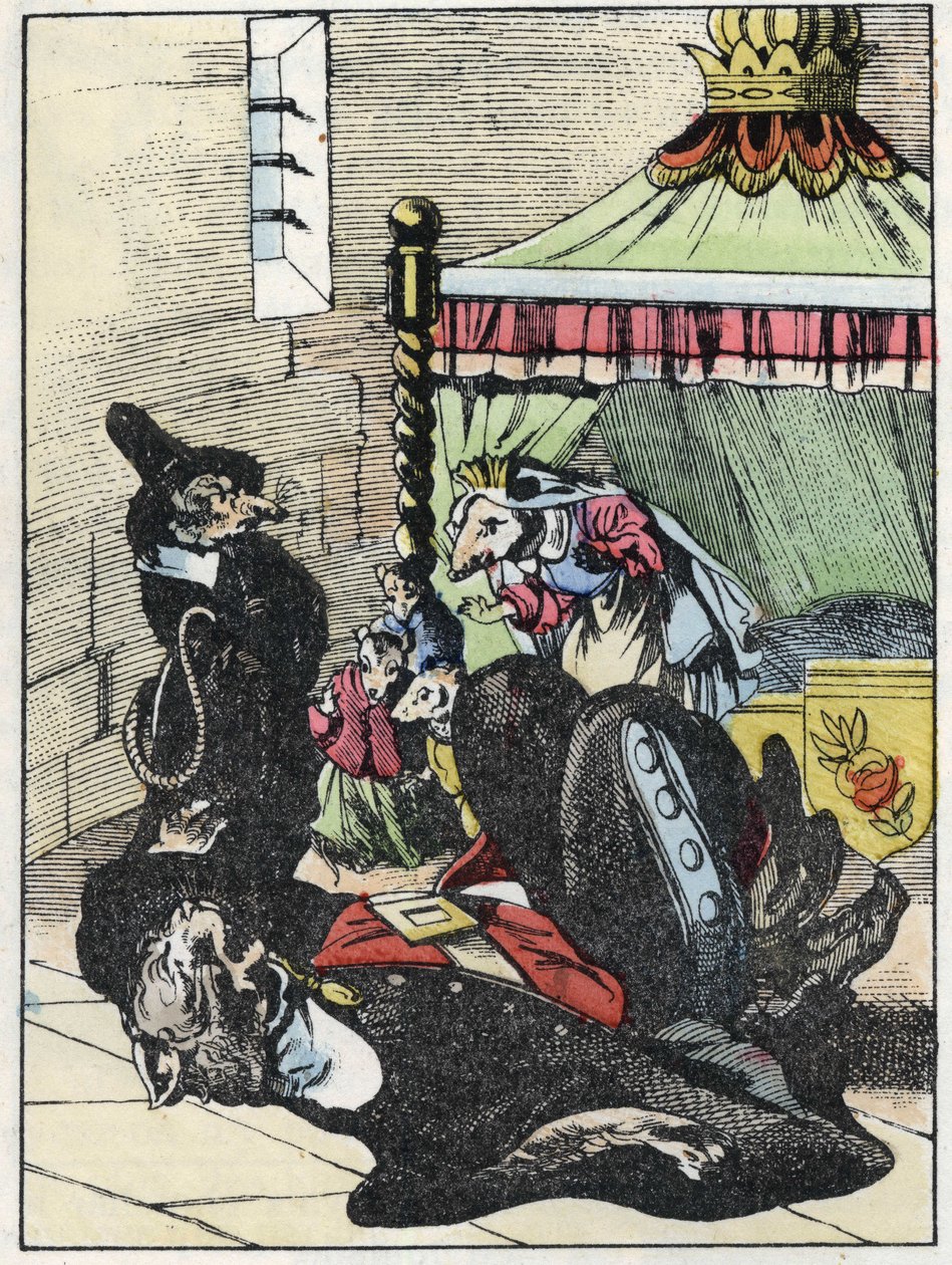 Illustration af fortællingen "Den frygtelige Raminagrobis og musene""" tegner fabler af Jean de la Fontaine. I “”Fortællinger fra hjemmet for de mindste””. Anonym gravering af det 19. århundrede. af Unknown artist