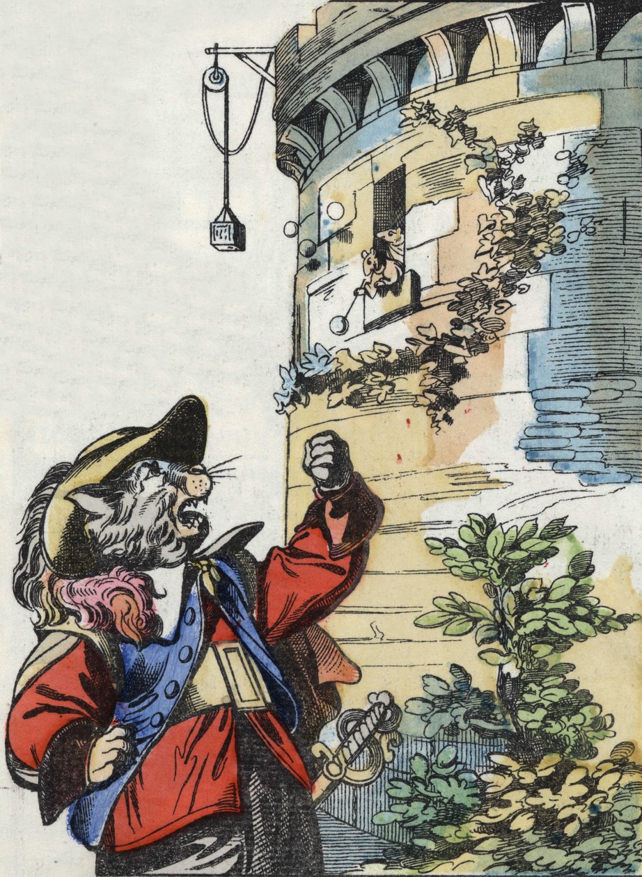 Illustration af fortællingen "Den frygtelige Raminagrobis og musene""" tegner fabler af Jean de la Fontaine. I “”Fortællinger fra hjemmet for de mindste””. Anonym gravering af det 19. århundrede. af Unknown artist