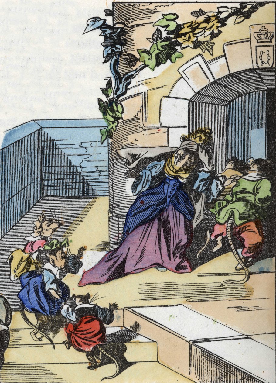 Illustration af fortællingen "Den frygtelige Raminagrobis og musene""" tegner fabler af Jean de la Fontaine. I “”Fortællinger fra hjemmet for de mindste””. Anonym gravering af det 19. århundrede. af Unknown artist