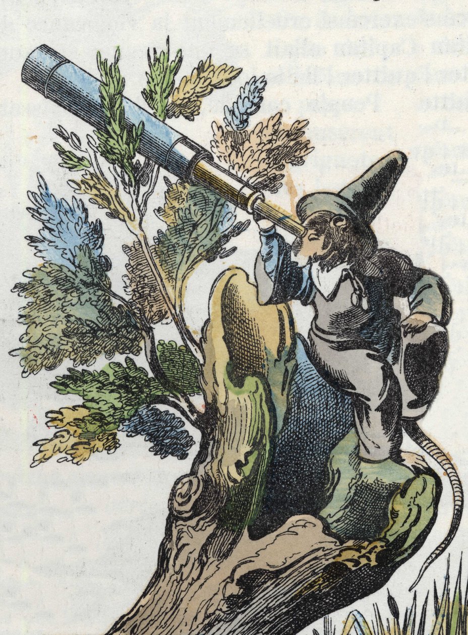 Illustration af fortællingen "Den frygtelige Raminagrobis og musene""" tegner fabler af Jean de la Fontaine. I “”Fortællinger fra hjemmet for de mindste””. Anonym gravering af det 19. århundrede. af Unknown artist
