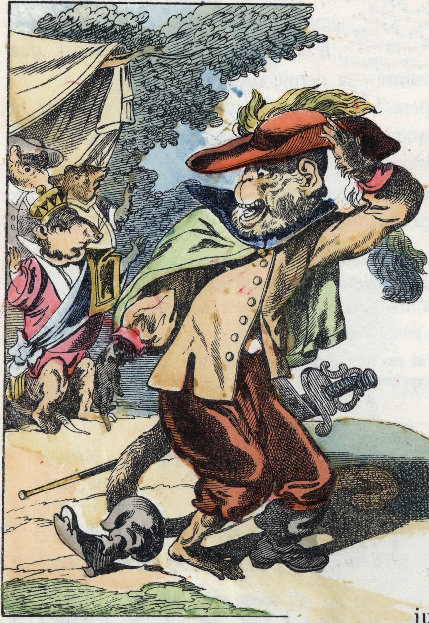 Illustration af fortællingen "Den frygtelige Raminagrobis og musene""" tegner fabler af Jean de la Fontaine. I “”Fortællinger fra hjemmet for de mindste””. Anonym gravering af det 19. århundrede. af Unknown artist