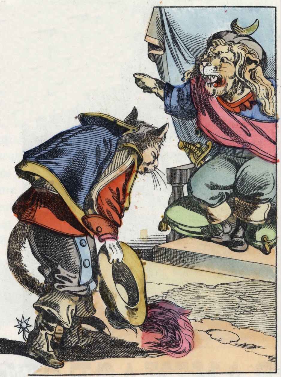 Illustration af fortællingen "Den frygtelige Raminagrobis og musene""" tegner fabler af Jean de la Fontaine. I “”Fortællinger fra hjemmet for de mindste””. Anonym gravering af det 19. århundrede. af Unknown artist