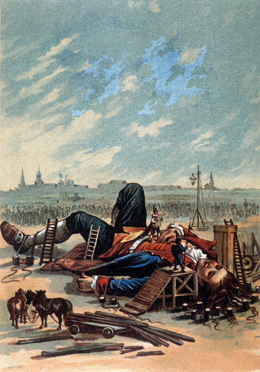 Illustration, der viser Lilliputians vedhæfte Gulliver. Kromolitografi, sd. Slutningen af det 19. århundrede. af Unknown artist
