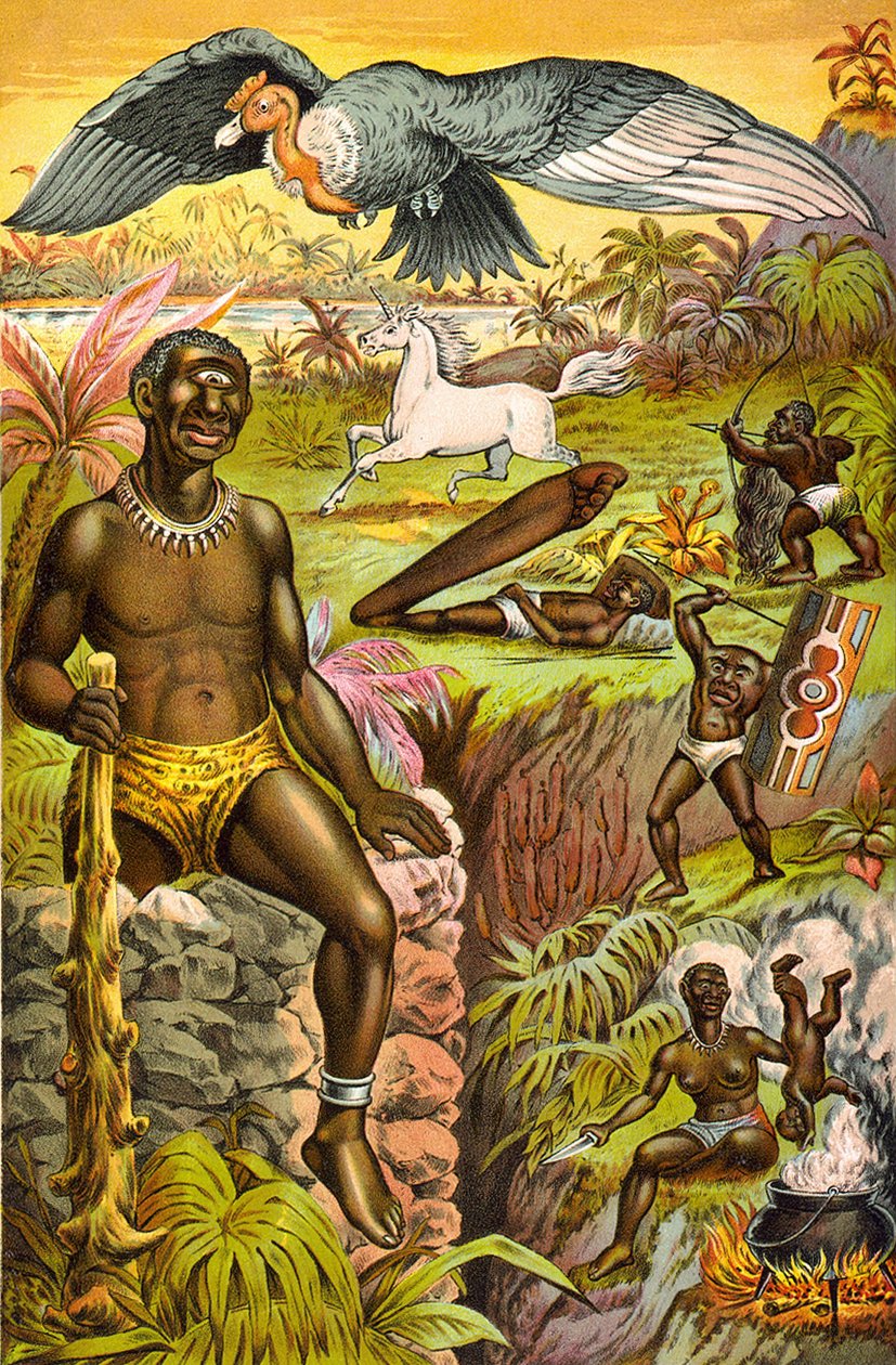 Illustration med imaginære monstre fra Afrika med titlen "" Afrikansk overtro illustreret"" (cyklops, enhjørning...), omkring 1889. af Unknown artist