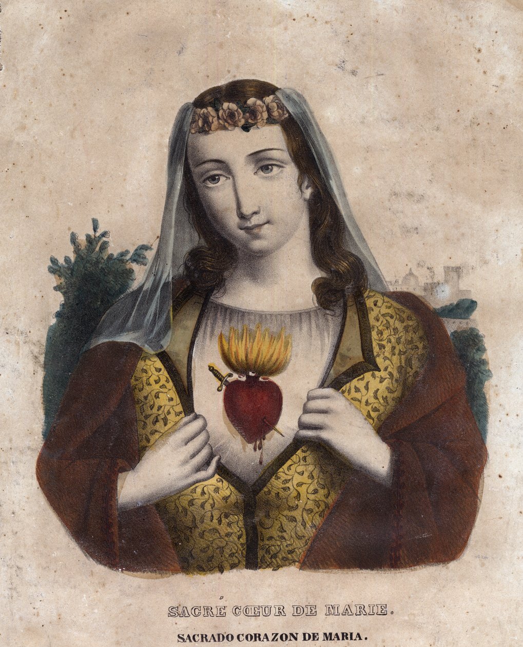 Marias Immaculate Heart - Religiøst billede af Marias Hellige Hjerte - gravering af det 19. århundrede - Sagrado corazon af Maria - Inmaculado Corazon af Maria - af Unknown artist