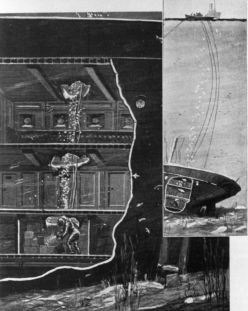 I 1885 nåede dykkeren Alexander Lambert skattekammeret til vraget af "Alfonso XII" i dybet af De Kanariske Øer. Periode Illustration af Unknown artist