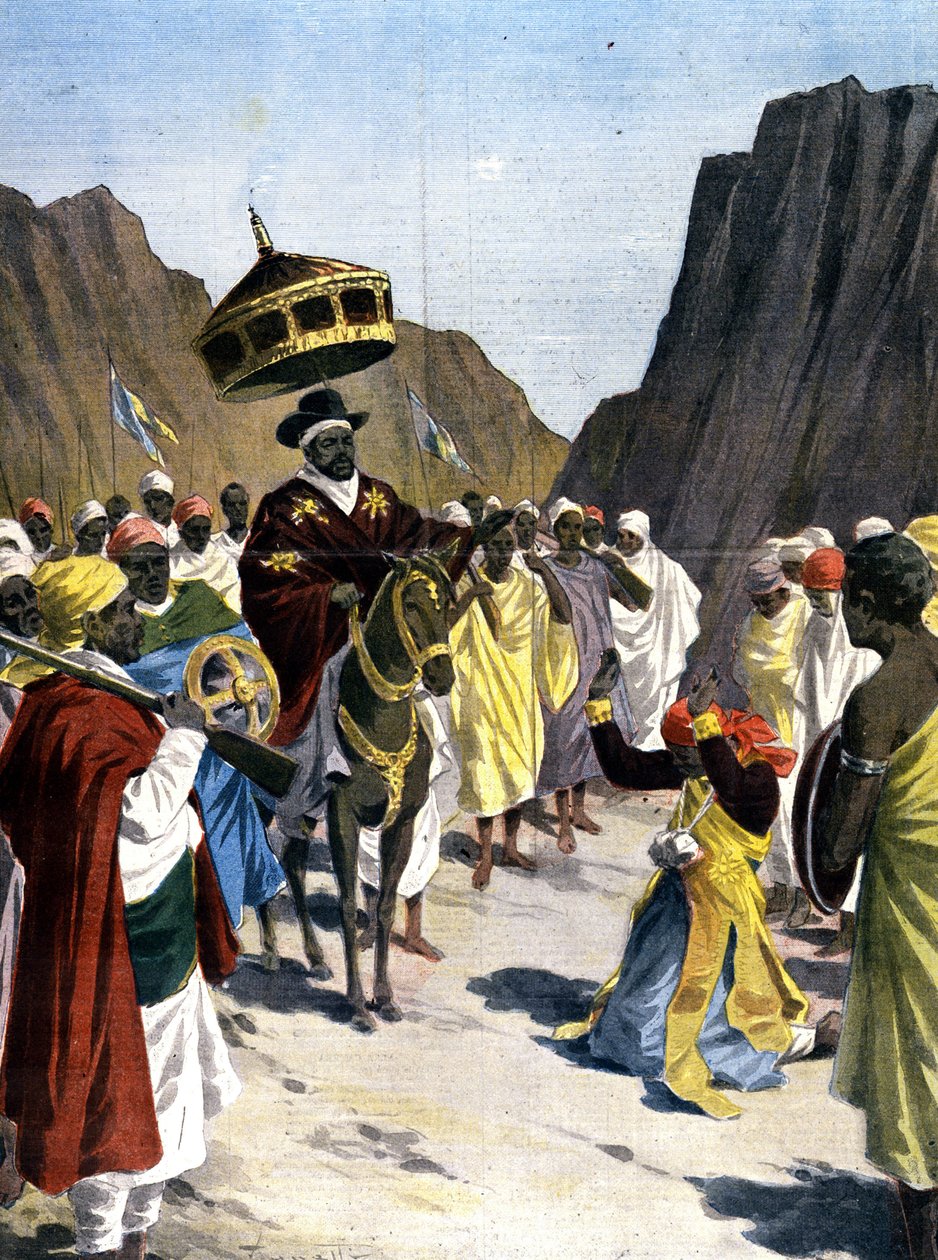 I Borumieda laver Ras Mangacha, guvernør i Tigrai-provinsen (Tigray) i Abessinien en underkastelse til Negus Menelik II (1844 - 1913) med stenen om halsen. 1899. Ill. silhuetten til pressen. af Unknown artist