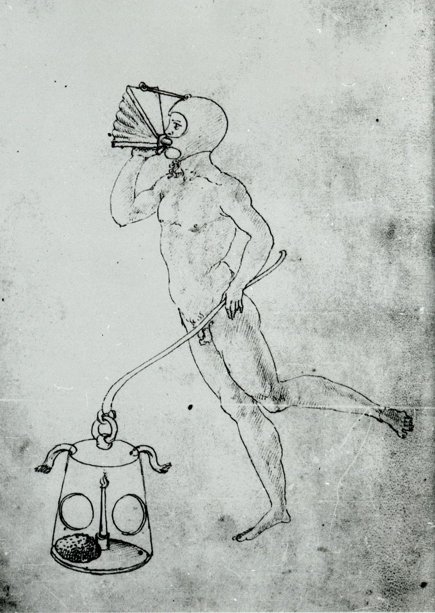 I et bind af Francesco di Giorgio optræder denne tegning, der viser en bælg til at trække vejret under vandet af Unknown artist