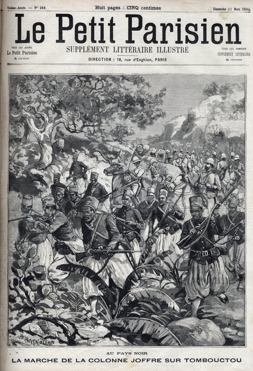 I de franske kolonier: General Joseph Joffres (1852-1931) kolonnes march og hans hær af spahis mod Timbuktu (Mali). Gravering i "" Le Parisien"" af Unknown artist