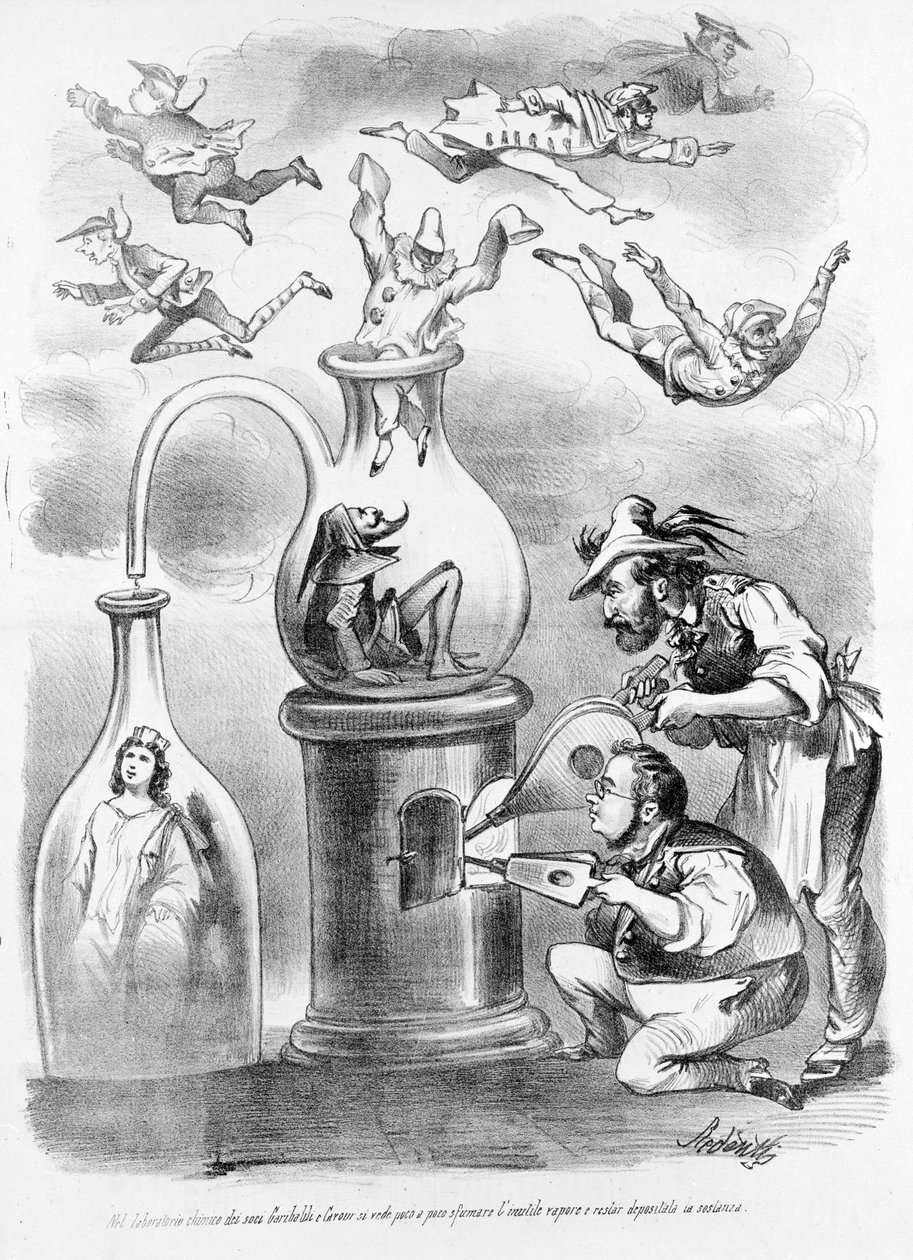 I associerede Garibaldi e Cavours alkymi-laboratorium ser vi gradvist sprede den unødvendige damp (repræsenteret ved maskerne i de italienske regioner) og forblive substansen (Italien) karikatur af den satiriske avis Il Fischietto af Unknown artist