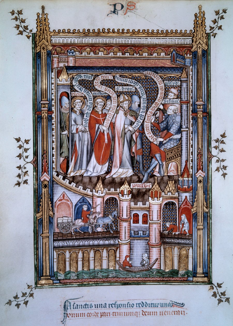 I centrum af Saint Denis, over for guvernør Fescennius, anklaget af kejser Diocletian for at henrette Saint Denis, en kristen, der kom for at evangelisere Paris, blev han ledsaget af Eleuthere, præsten, og Rustique, diakonen, også martyrer mellem 250 a. af Unknown artist