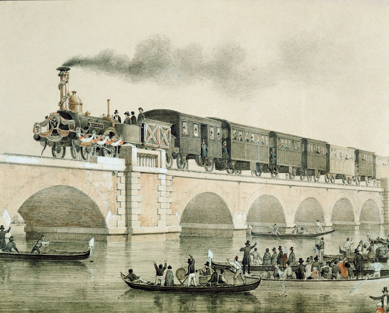 Indvielse af broen over lagunen i Venedig for at forbinde byen med kontinentet (litografi af Unknown artist