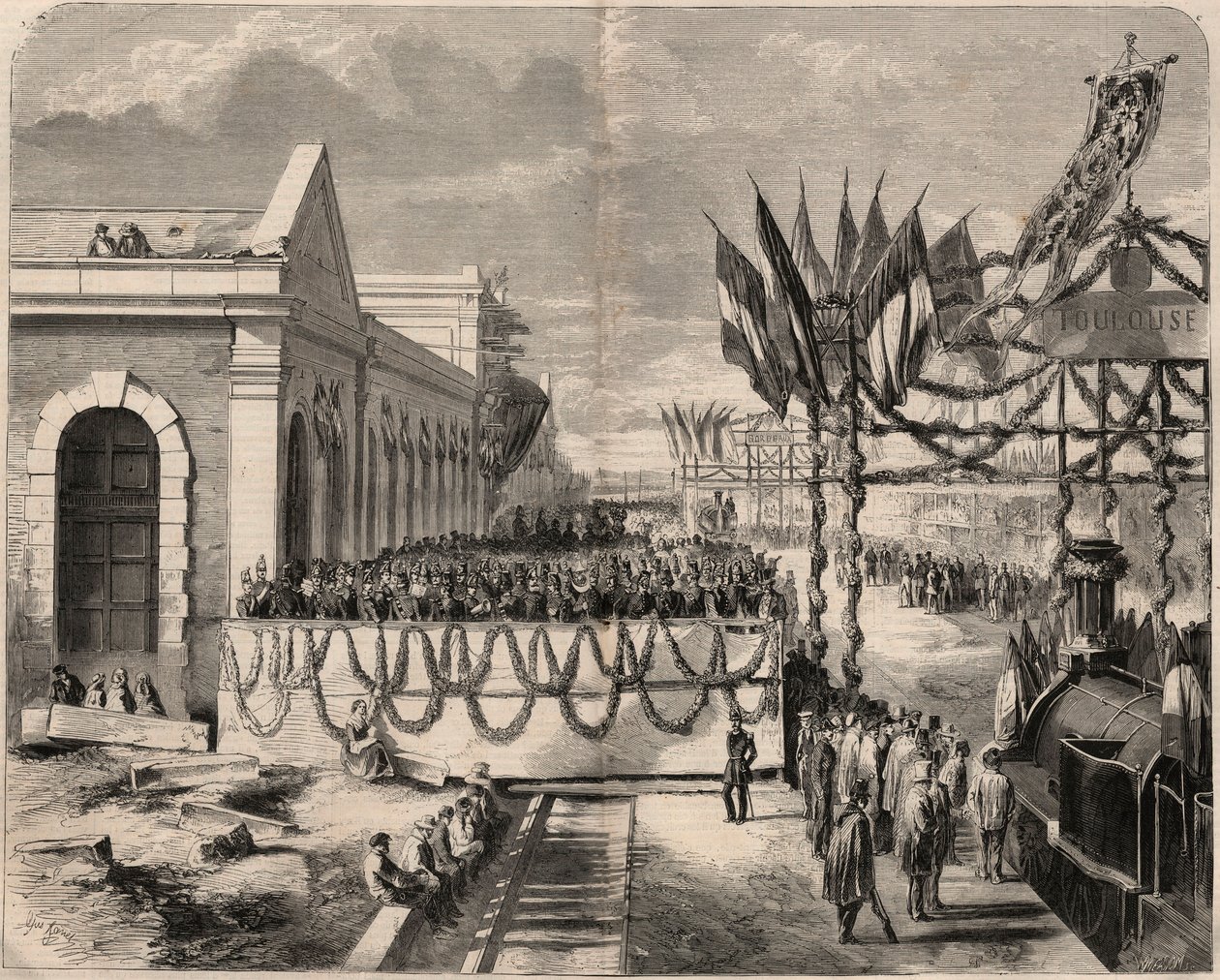 Indvielse af jernbanen fra Toulouse til Sete i 1857. Indgravering i "Le Monde illustrious"" fra 1857. Privat samling. af Unknown artist