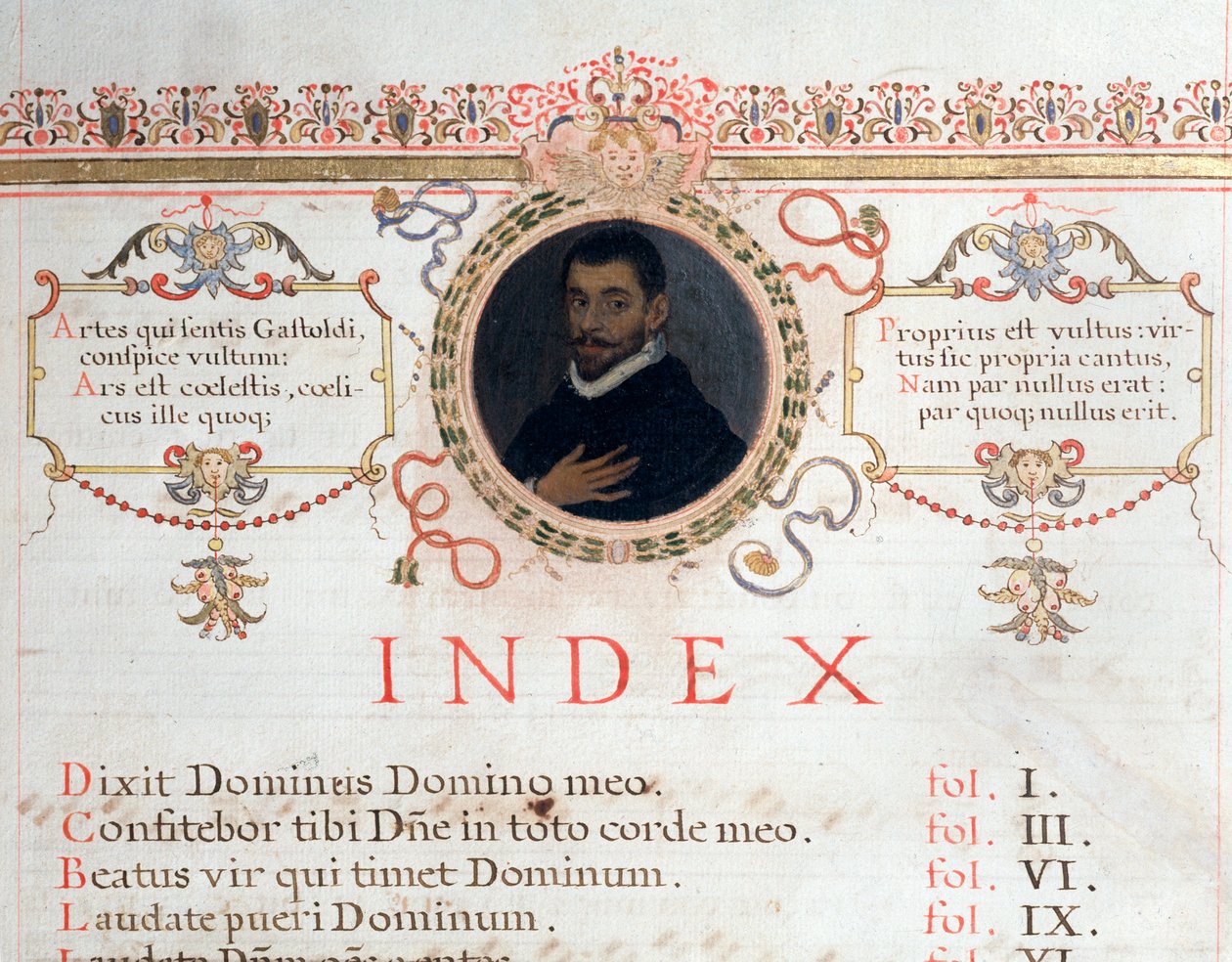 Indeksside med portræt af Giovanni Giacomo Gastoldi af Unknown artist