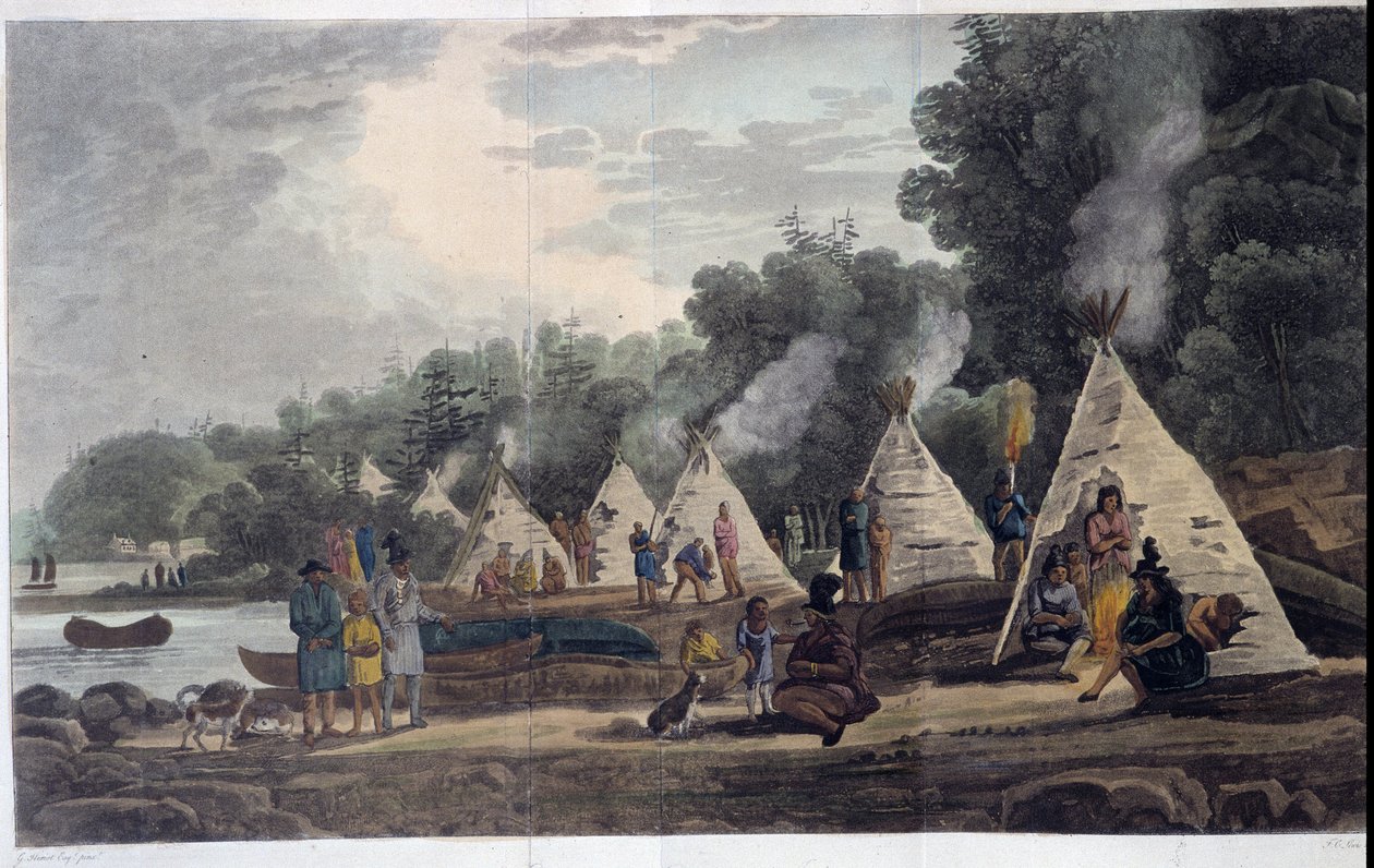Indian Camp; i "Rejser gennem Canada", af George Heriot, red. London af Unknown artist