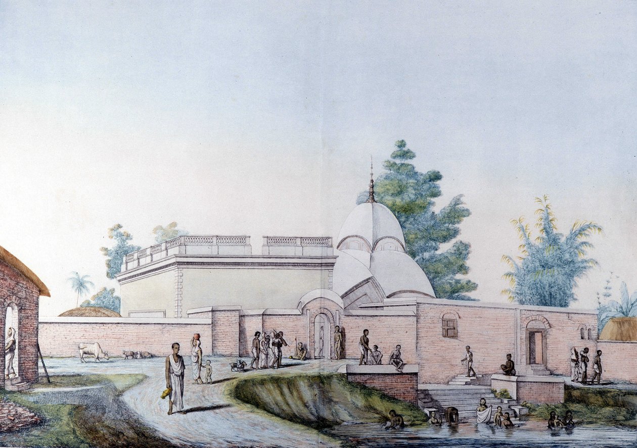 Indisk kultur og civilisation: Bad i floden Hooghly i Calcutta (eller Kolkata), Indien. Indgravering 1808. af Unknown artist