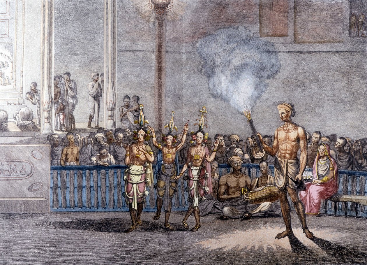Indisk kultur og civilisation: Dans til ære for Krishna (Krisna eller Krishna) guddom af Brahman i Indien. Stik 1808. af Unknown artist