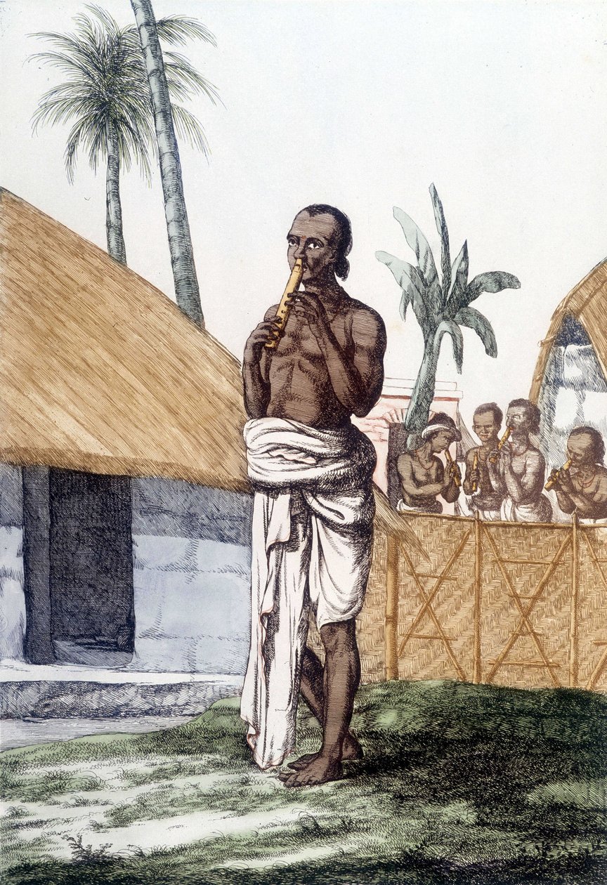Indisk kultur og civilisation: musiker, der spiller bansuri-fløjten, traditionelt musikinstrument, Indien. Stik 1808. af Unknown artist