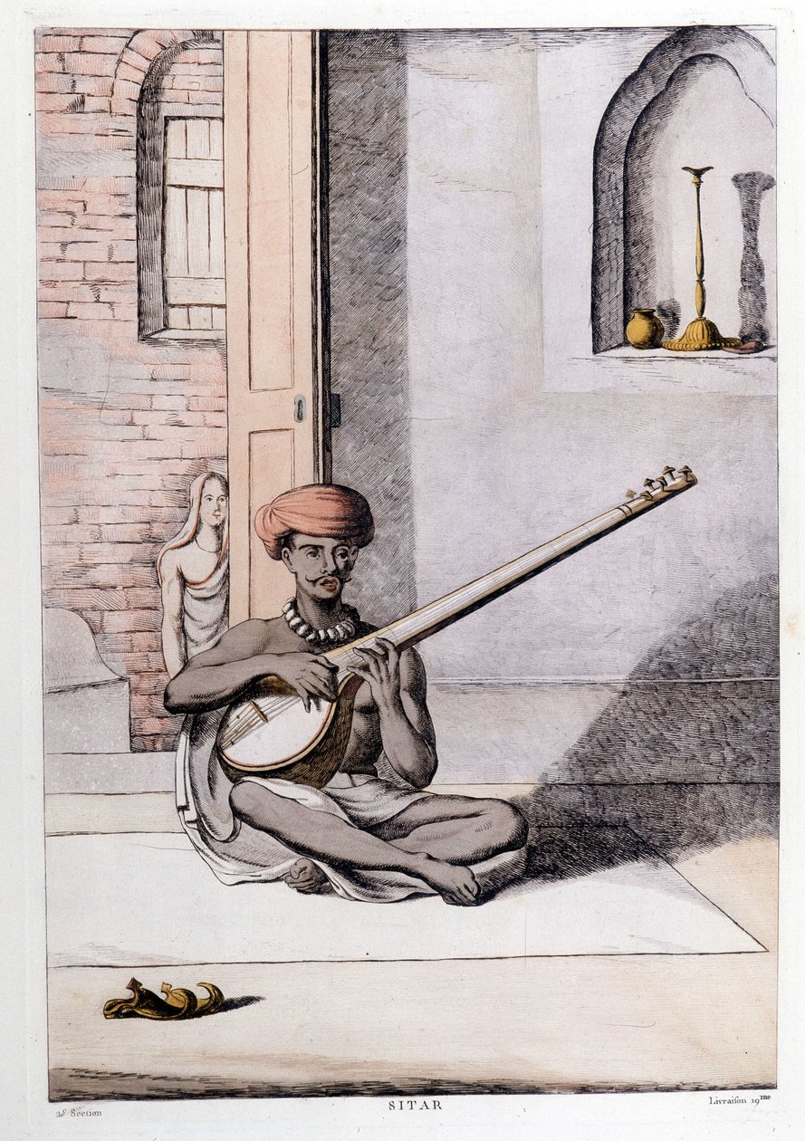 Indisk kultur og civilisation: musiker, der spiller sitar, traditionelt musikinstrument, Indien. Indgravering 1808. af Unknown artist